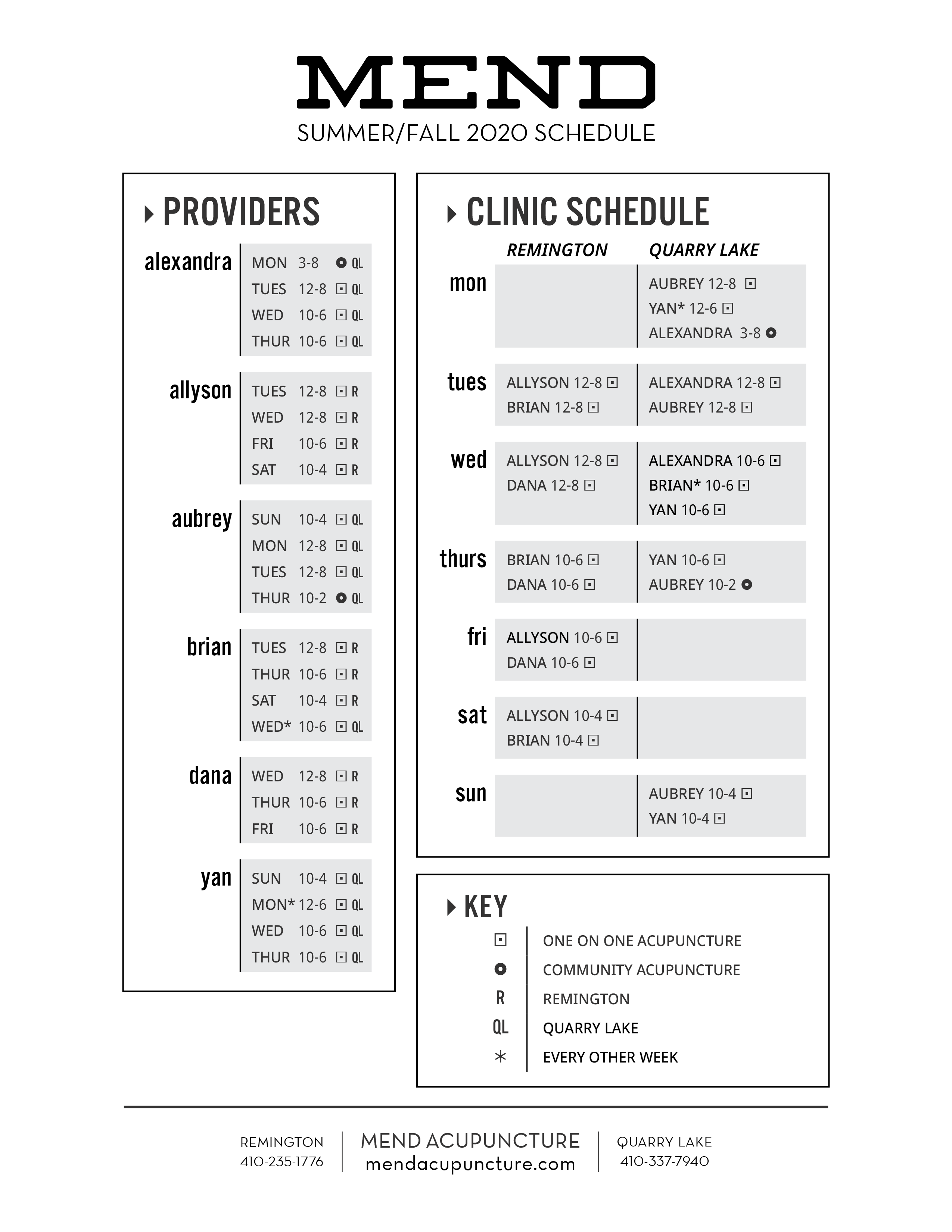 SummerFall 2020 Schedule Mend Acupuncture